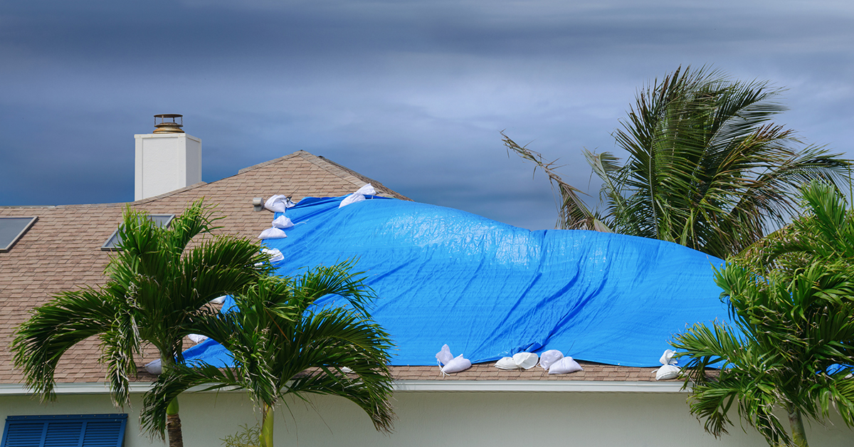 Home with roof covered by a blue tarp and sandbags after storm damage, with palm trees and dark clouds in the background.