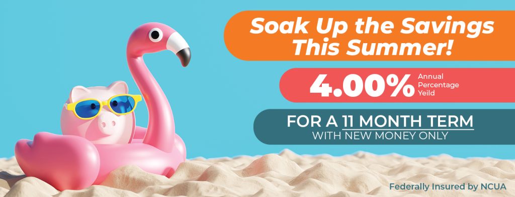 Velocity Community Credit Union summer certificate promotion featuring a piggy bank wearing sunglasses in a flamingo pool float, advertising a 4.00% APY on an 11 month certificate with new money only.