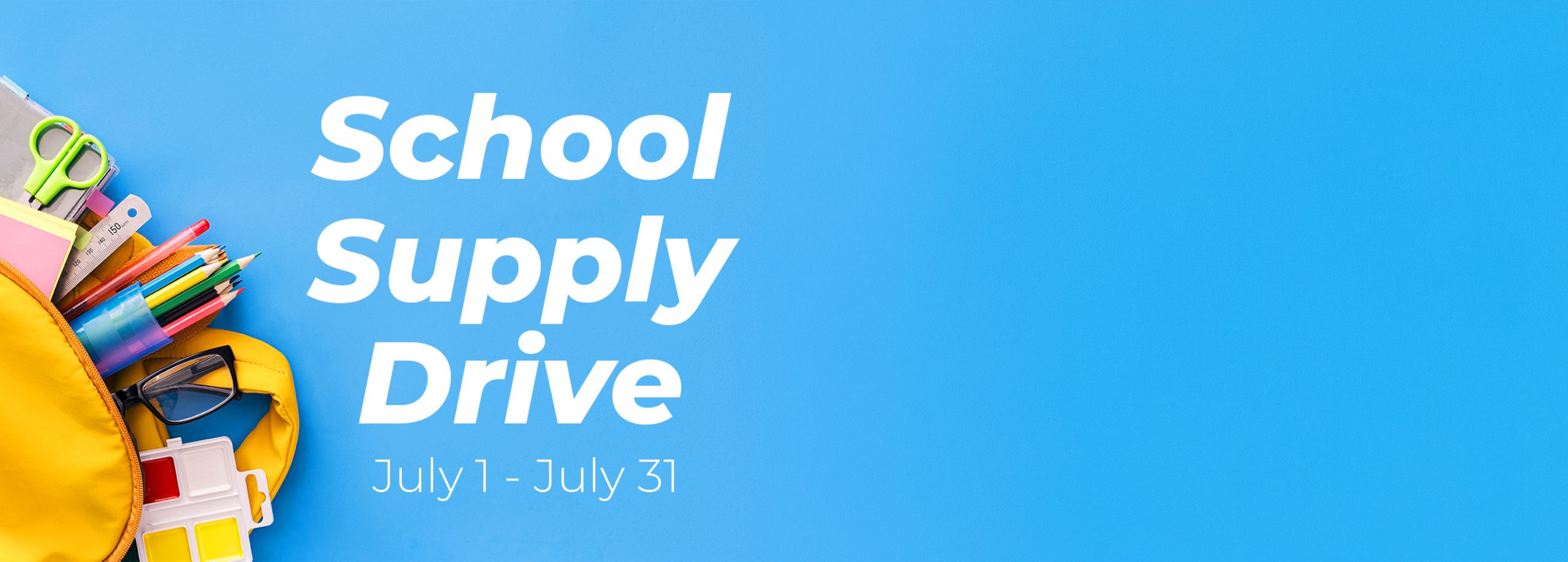 Velocity Community Credit Union School Supply Drive banner promoting donations from July 1 through July 31, featuring a backpack filled with school supplies on a blue background.
