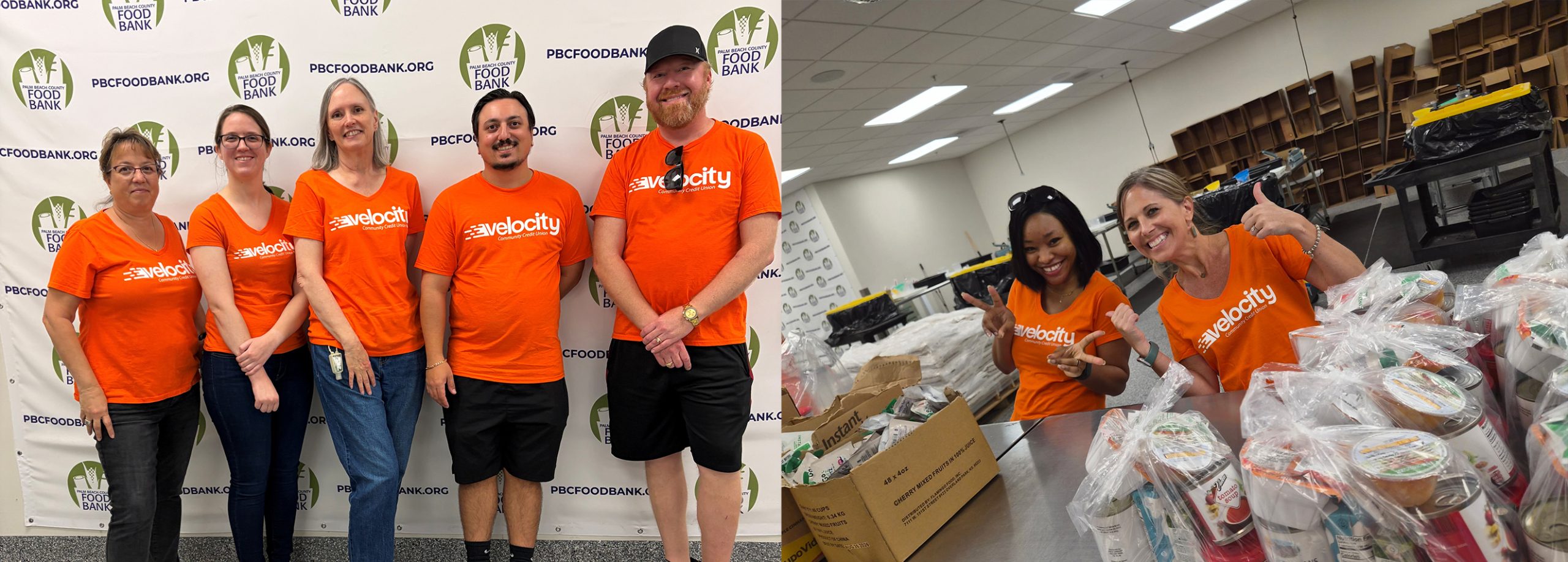 Velocity Community Credit Union employees volunteering at the Palm Beach County Food Bank, assembling food packages and supporting hunger relief efforts in the local community.