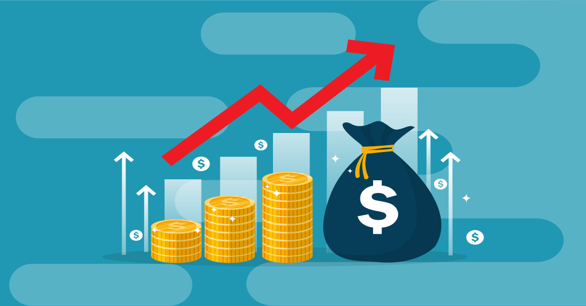 Illustration of growing savings with stacked gold coins, an upward trending graph, and a money bag representing financial growth, investing, and wealth building.