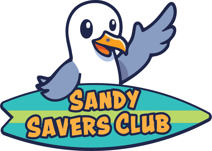 Sandy savers club logo. Cartoon seagull waving snd holding a teal and green surfboard that has Sandy Savers Club written on it.