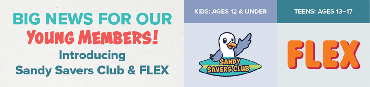 Banner that says "big news for our young members! Introducing Sandy Savers Club & FLEX". To the right is the logo for each youth category.